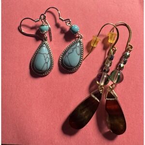 Turquoise Teardrop Earrings Silver Tone Dangle Western Boho Southwest Style